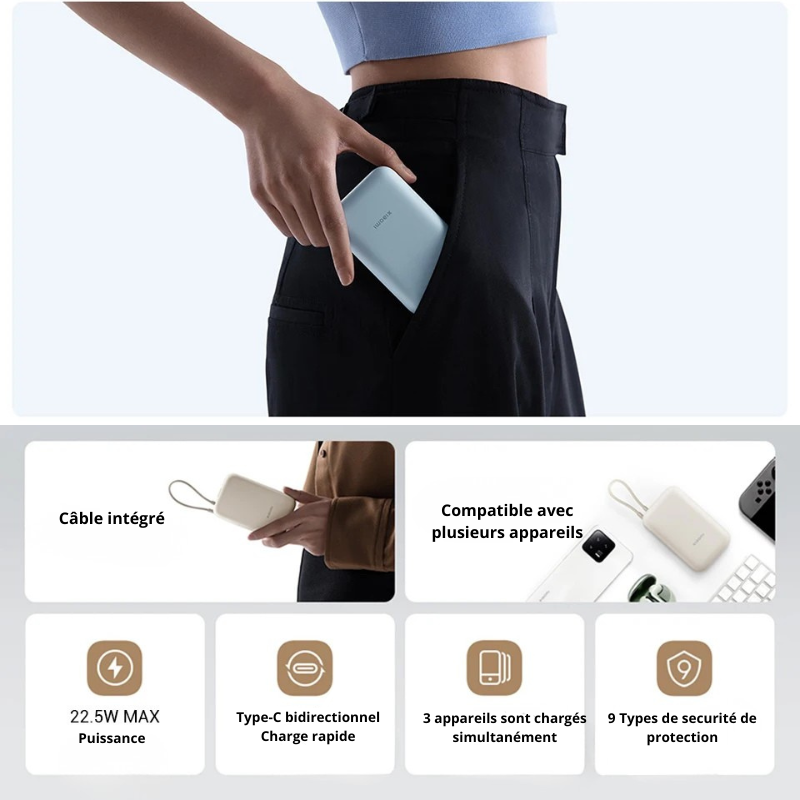 xiaomi batterie externe 22.5 10000 cable usb c integre affichage led chargeur poche avion