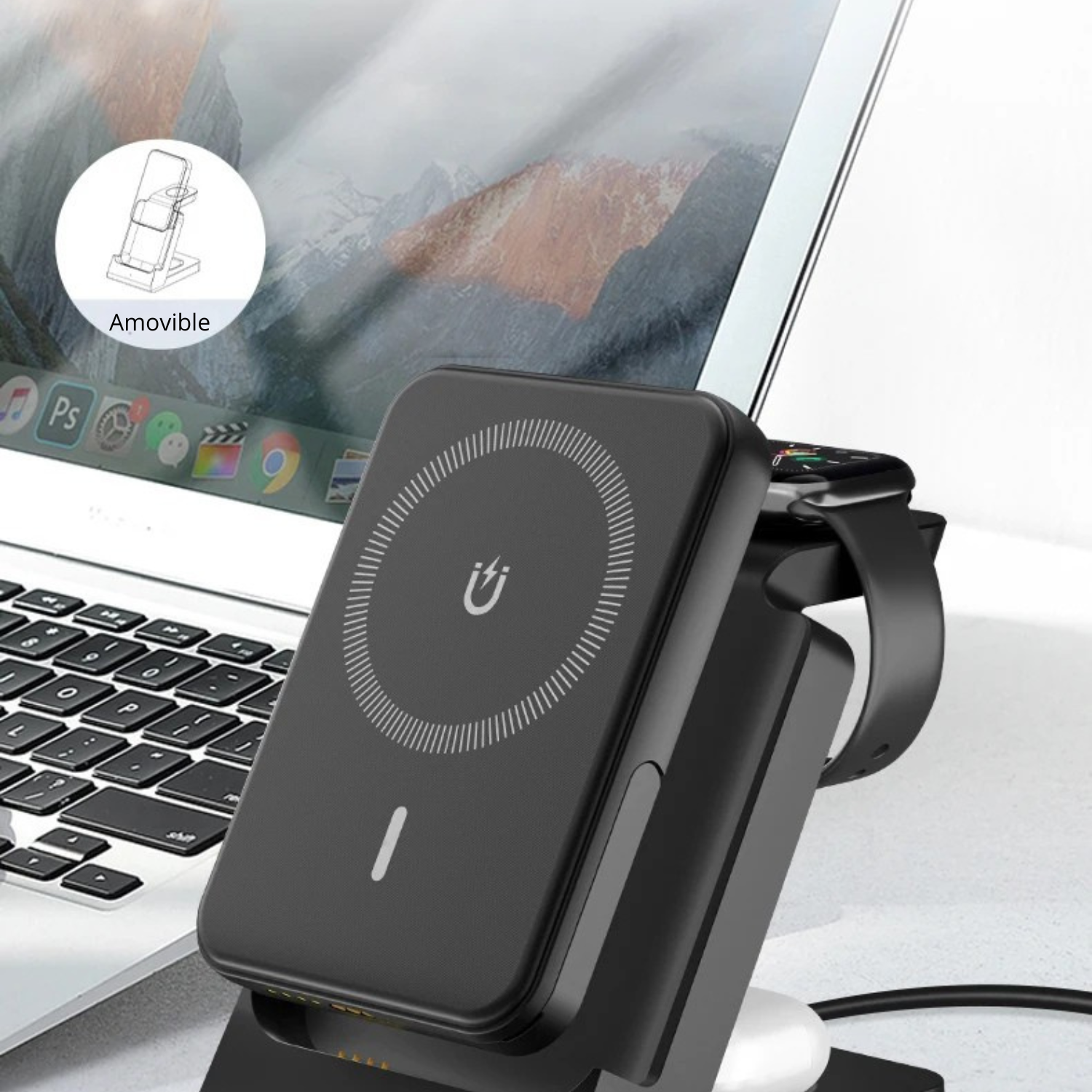 batterie externe detachable 3 en 1 charge sans fil magnetique 15w magsafe amovible