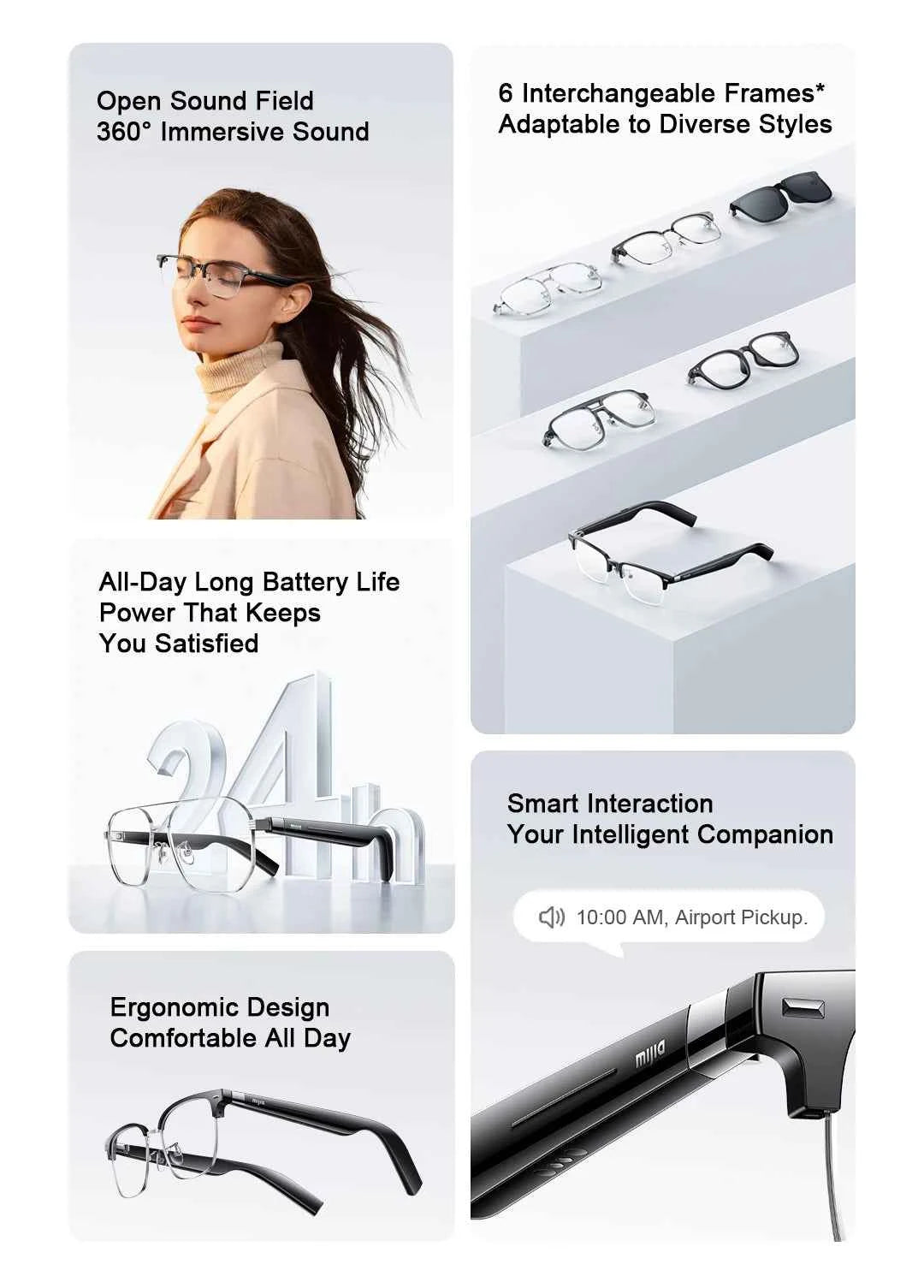 Lunettes audio intelligentes XIAOMI MIJIA édition Joyful, casque Bluetooth 5.2, détachable, longue autonomie, charge rapide 2h, son anti-fuite