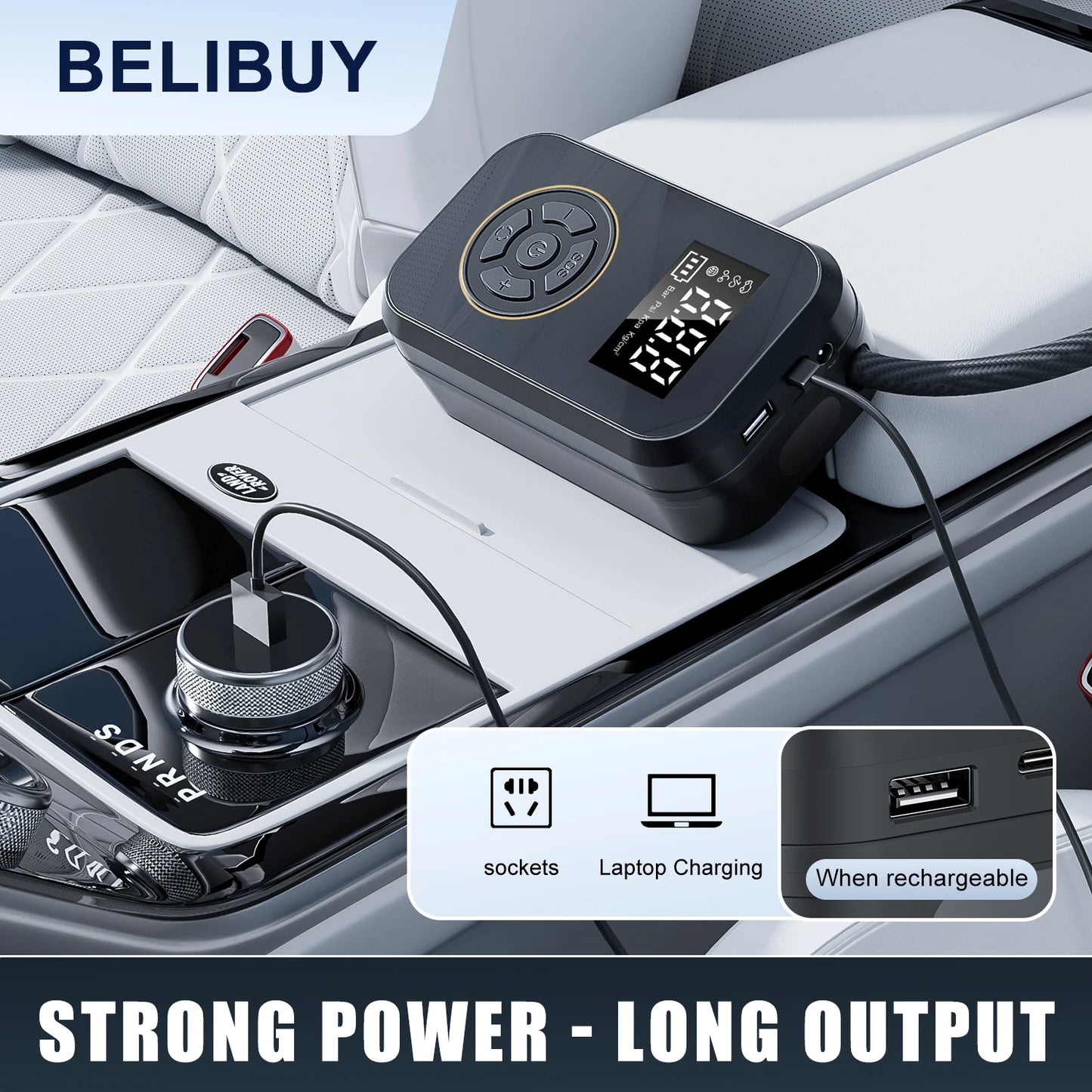 Gonfleur Pneu Portable BELIBUY 80W | Compresseur Air Électrique Affichage Digital