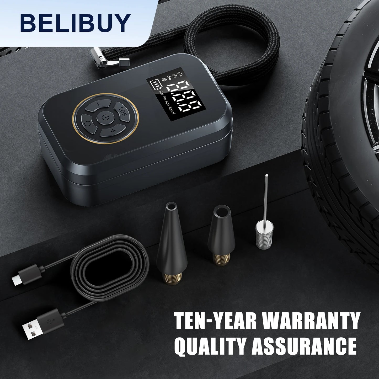 Gonfleur Pneu Portable BELIBUY 80W | Compresseur Air Électrique Affichage Digital