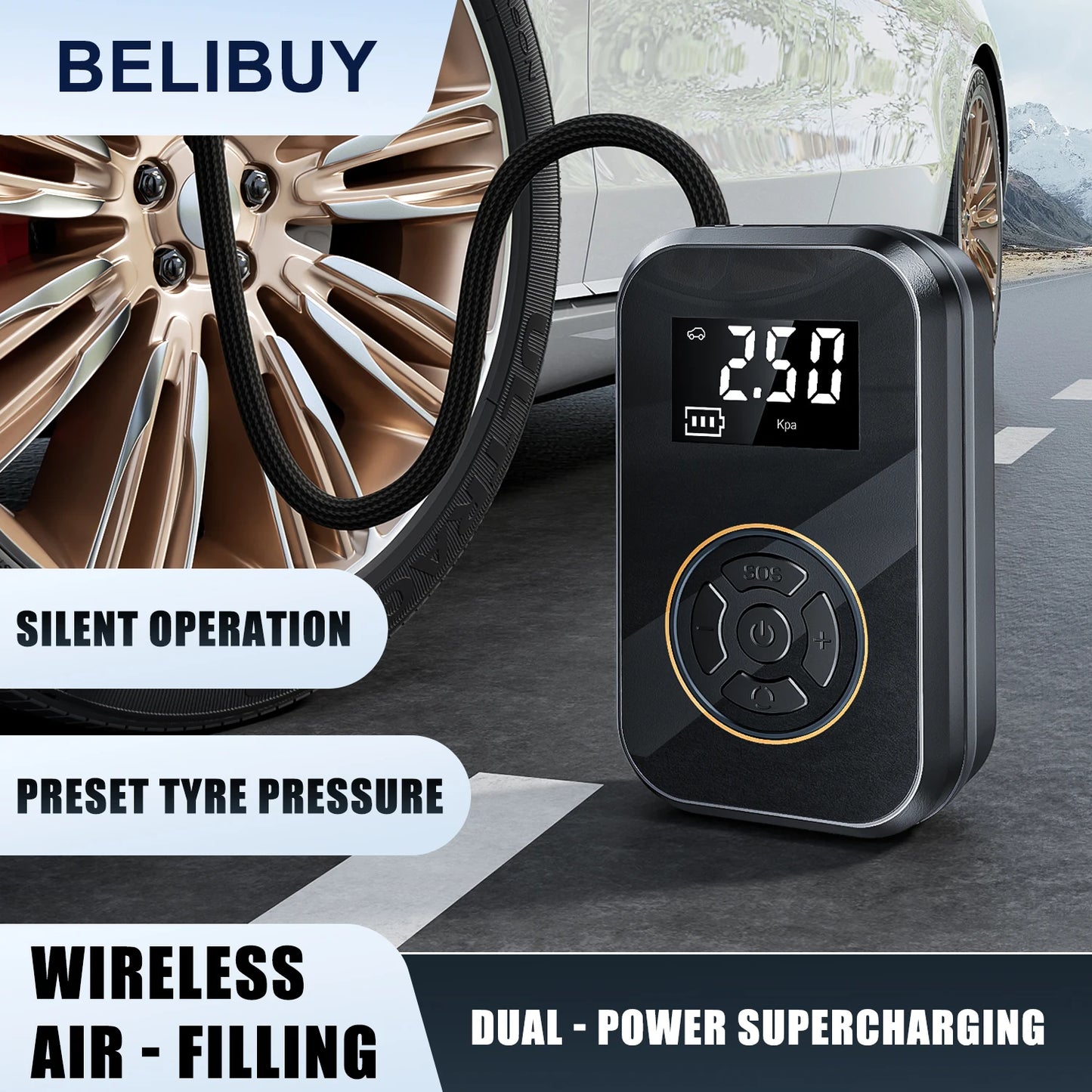 Gonfleur Pneu Portable BELIBUY 80W | Compresseur Air Électrique Affichage Digital