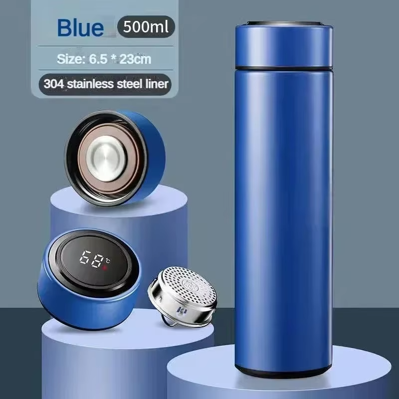 thermos intelligent inoxidable affichage numerique led bouteille tasse acier 3 variants sealing real material 360 touch sense bleu 500ml