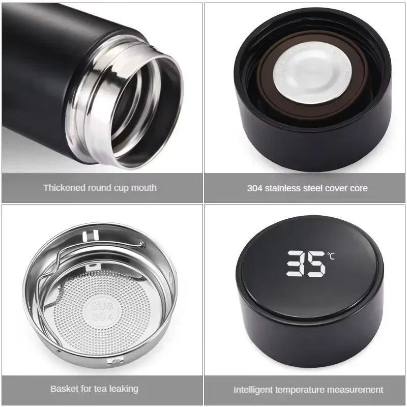 thermos intelligent inoxidable affichage numerique led bouteille tasse acier 3 variants sealing real material 360 touch sense