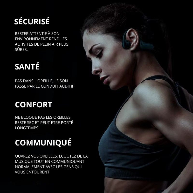 ecouteurs bluetooth conduction osseuse sport ultra leger 25g 11h autonomie sante confort securise communique